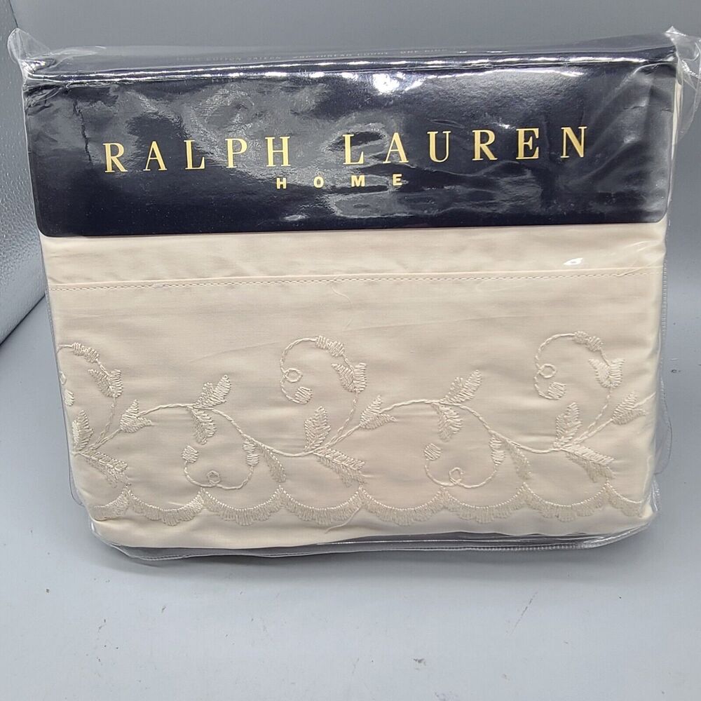 RALPH LAUREN Darboux Embroidery Sand Dune King Flat Sheet 370TC New VINTAGE!